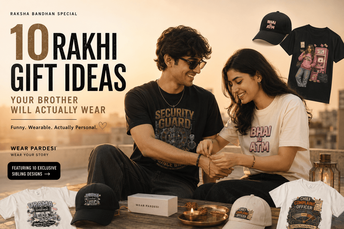 Brother and sister celebrating Raksha Bandhan while wearing funny graphic t-shirts from the Wear Pardesi Rakhi Collection, showcasing thoughtful gift ideas for siblings.