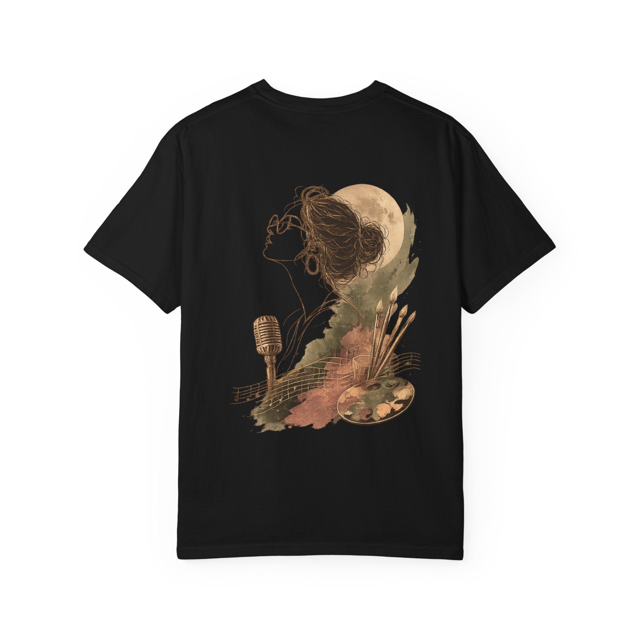 Back view of the Curiosity Never Graduates oversized black graphic T-shirt with futuristic geometric artwork inspired by science, innovation, technology and curiosity.