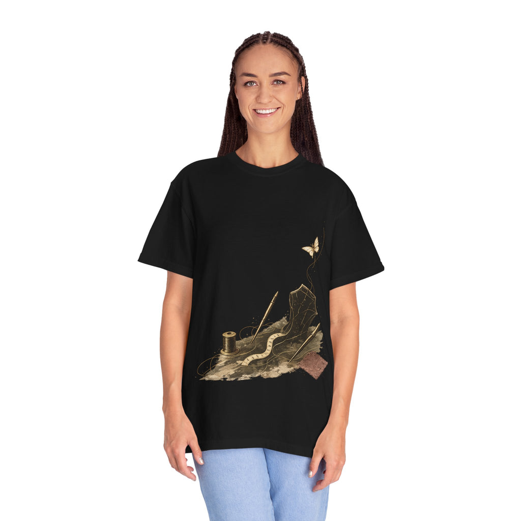 Woman wearing the Curiosity Never Graduates premium oversized black graphic T-shirt by Wear Pardesi with bold science and innovation inspired artwork.