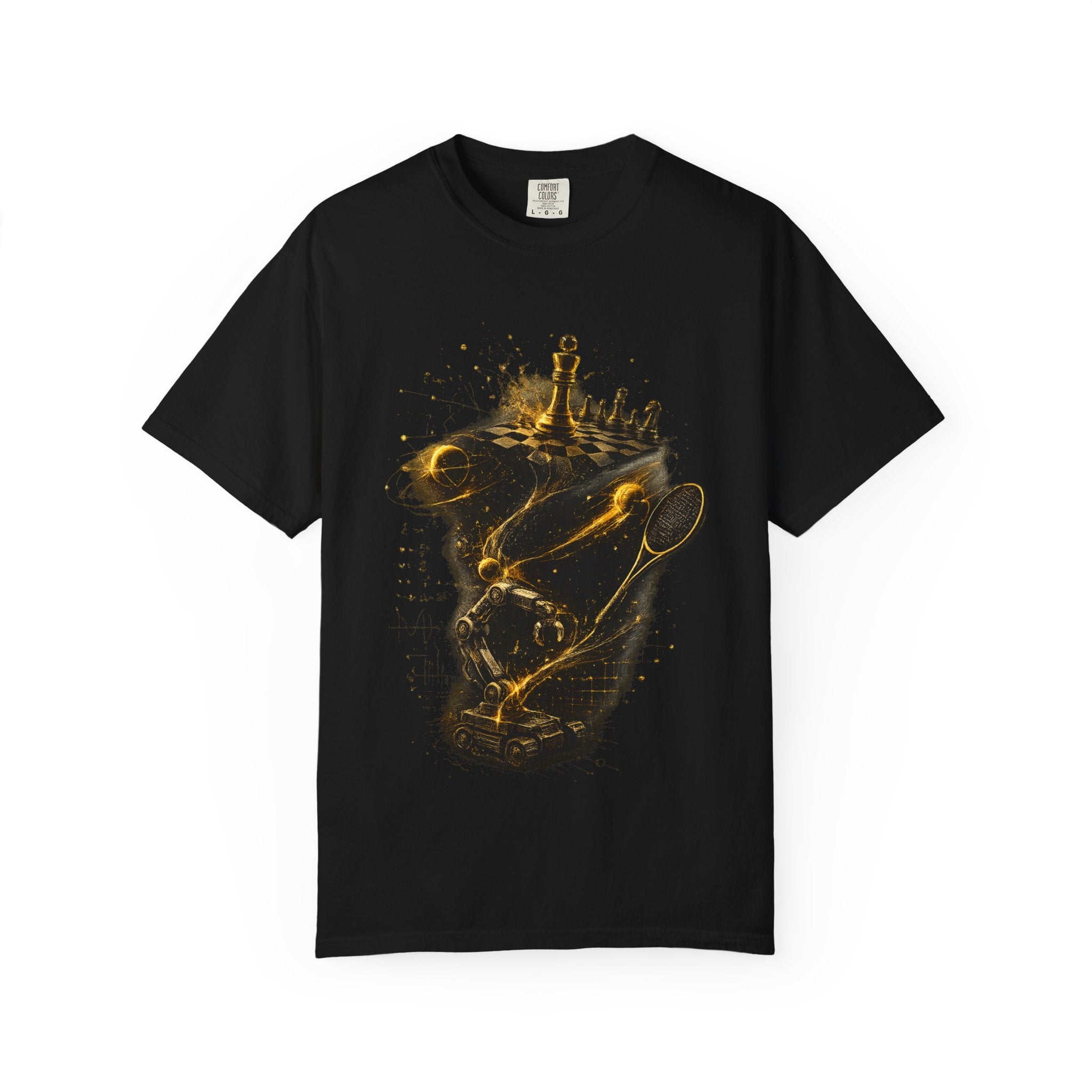 Back of Curiosity Never Graduates oversized black graphic T-shirt with futuristic geometric artwork inspired by science, innovation and exploration.