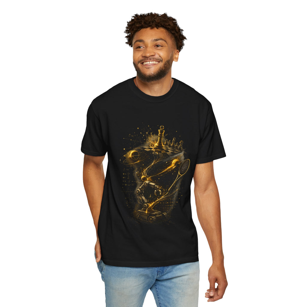 Curiosity Never Graduates premium oversized black graphic T-shirt featuring robotics, chess, science, mathematics and space-inspired artwork by Wear Pardesi.