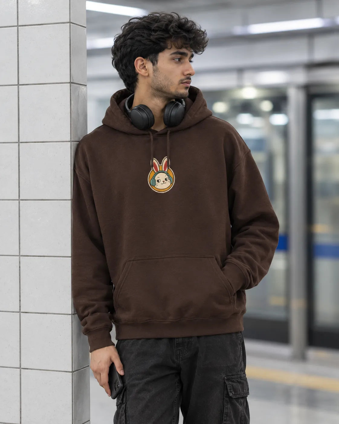 Man in a coffee brown hoodie with a small bunny print on the chest, leaning against a pillar at a subway station