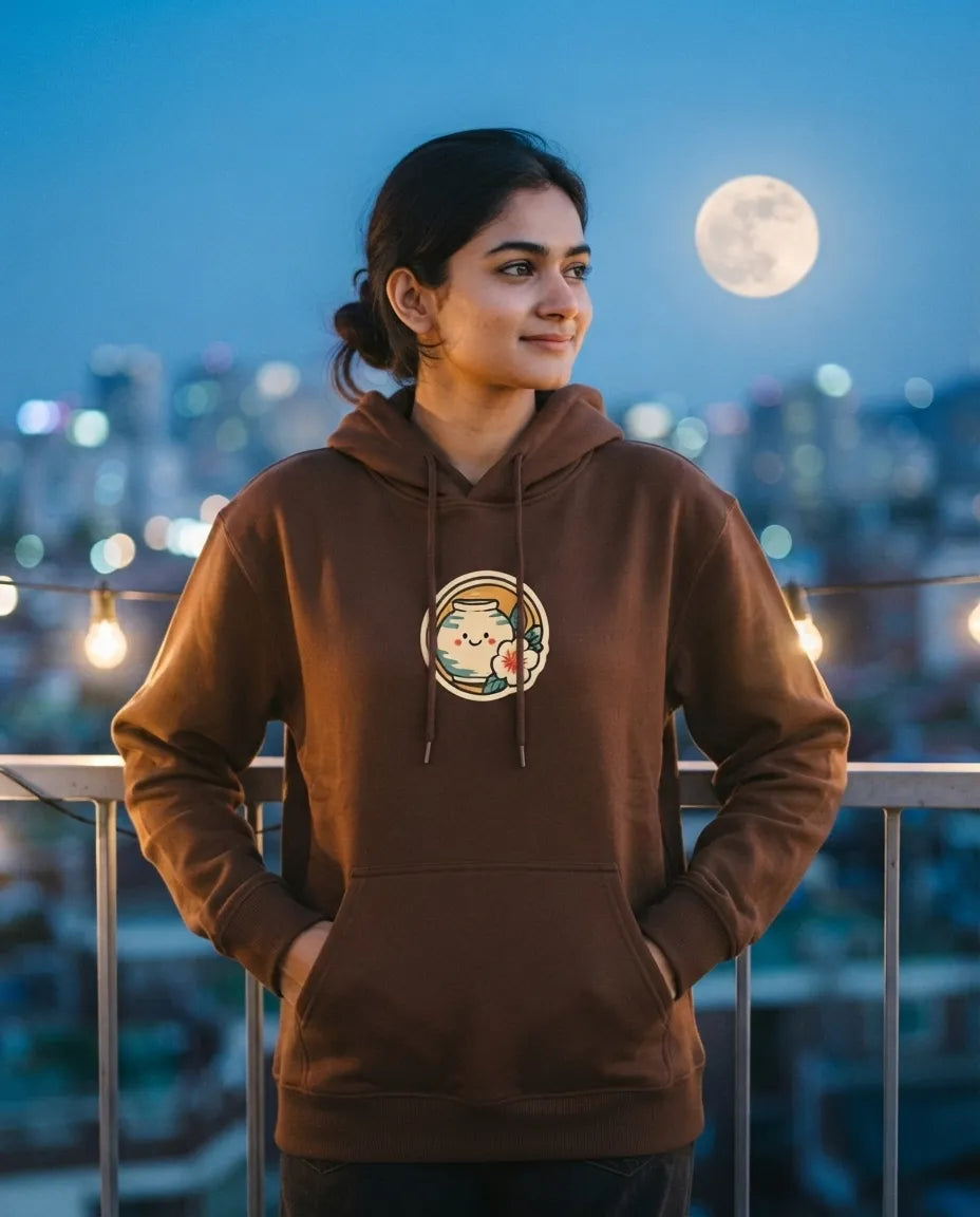 Woman standing on a rooftop at dusk with a full moon and city lights behind her, wearing a brown Full Moon Empty Inbox Korean hoodie with a small front chest print