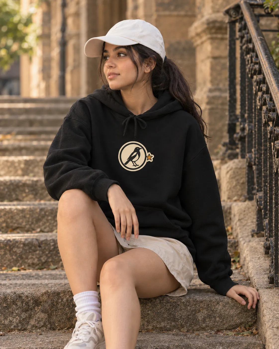 Woman in a white cap sitting on old stone steps, wearing a black Seoul Athletic Club Korean hoodie with a small round front chest print