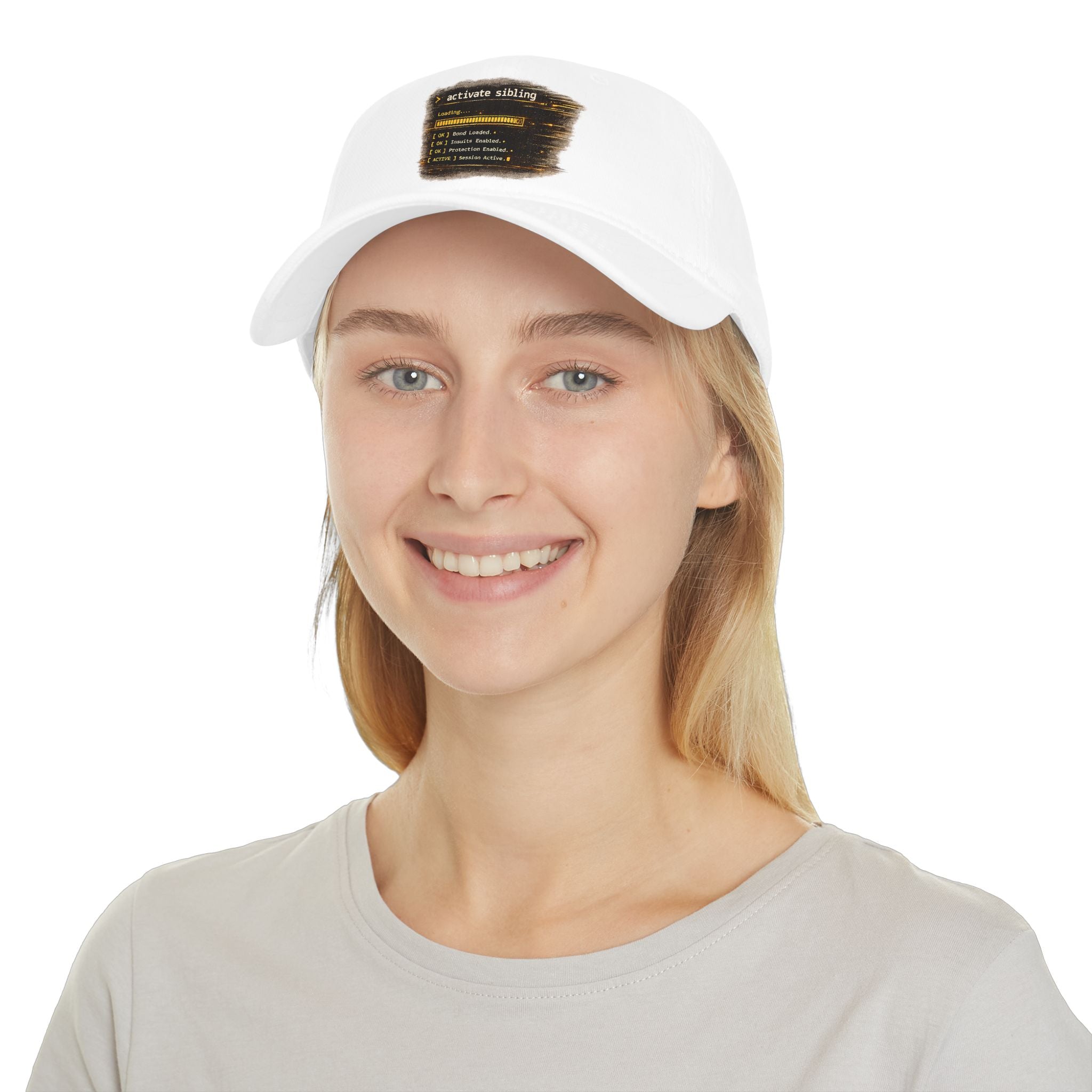 Model wearing Activate Sibling rakhi cap, close-up, white