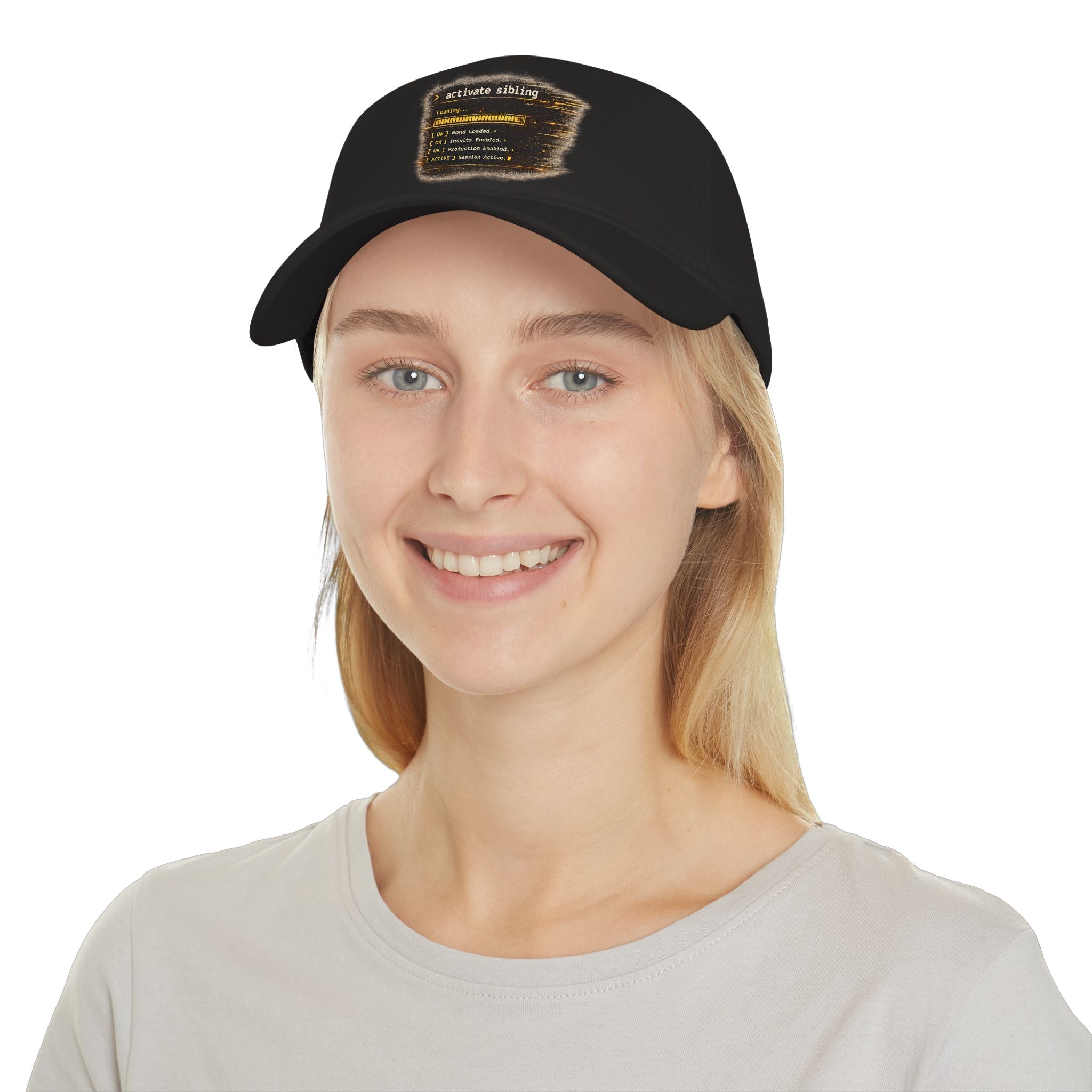 Model wearing Activate Sibling rakhi cap, front view, black