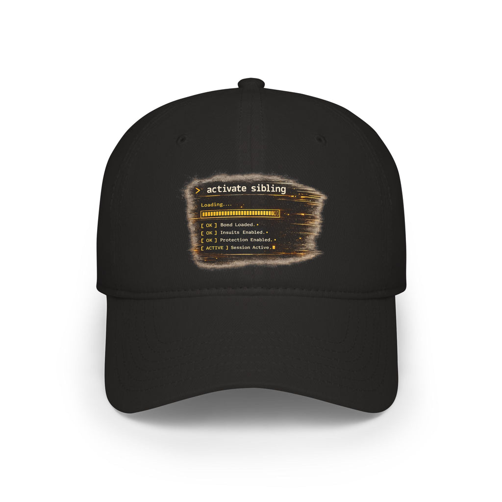 Model wearing Activate Sibling rakhi cap, front view, black