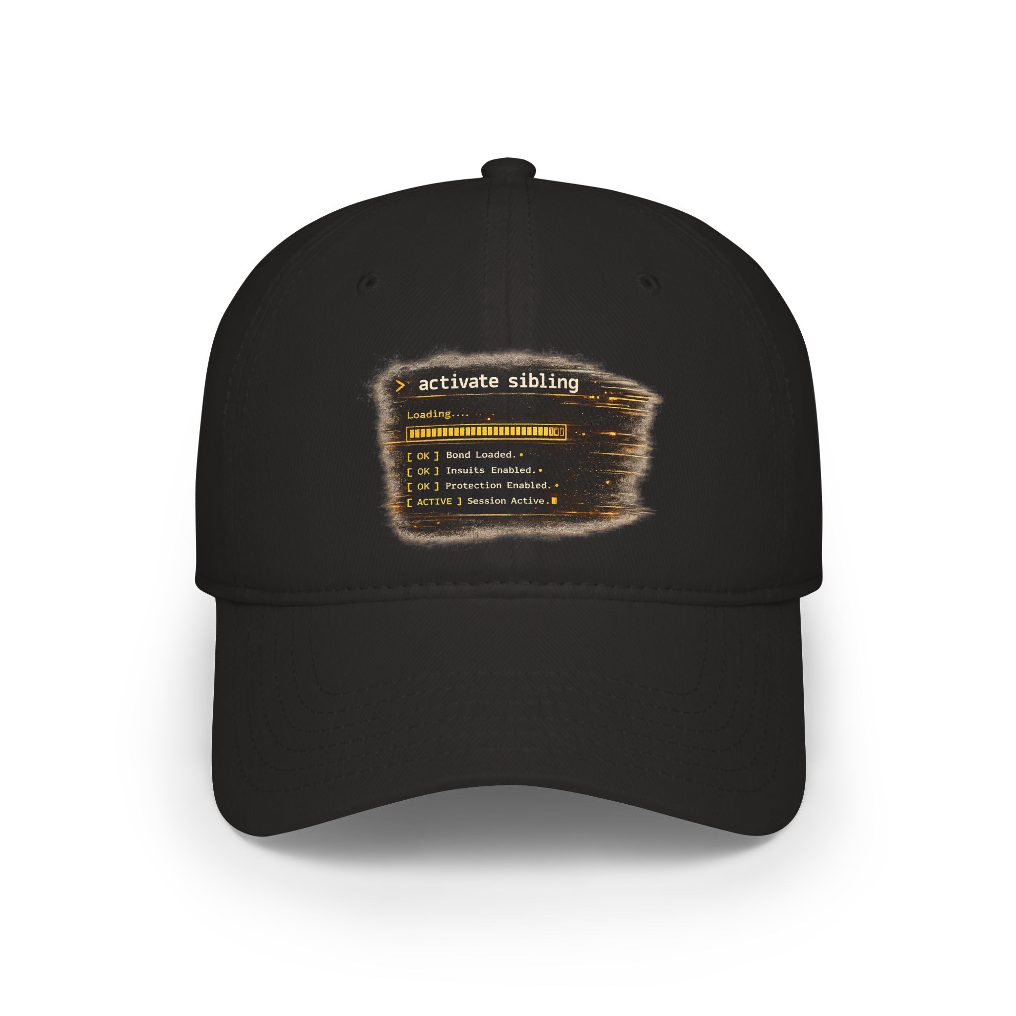 Model wearing Activate Sibling rakhi cap, front view, black