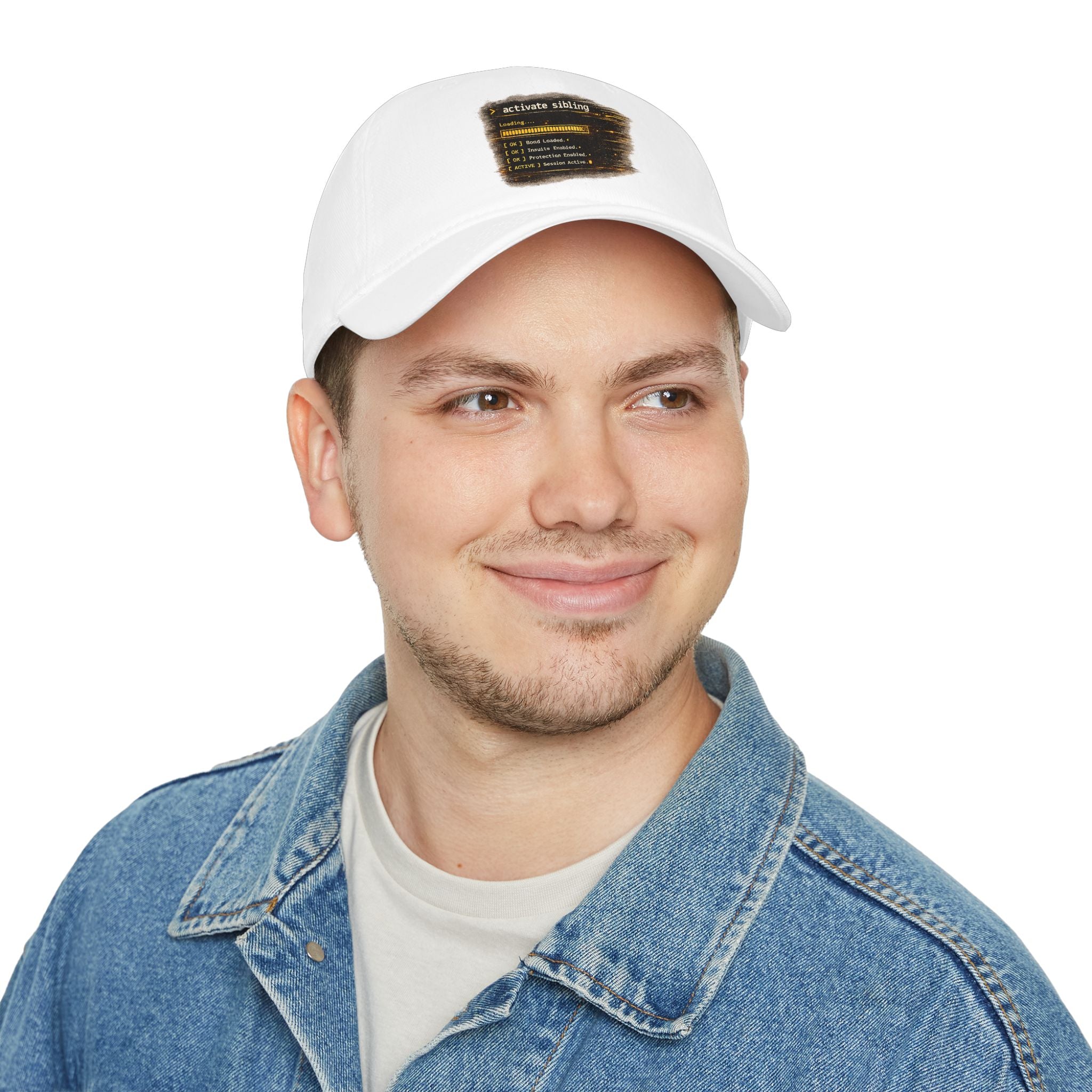 Model wearing Activate Sibling rakhi cap, front view, white
