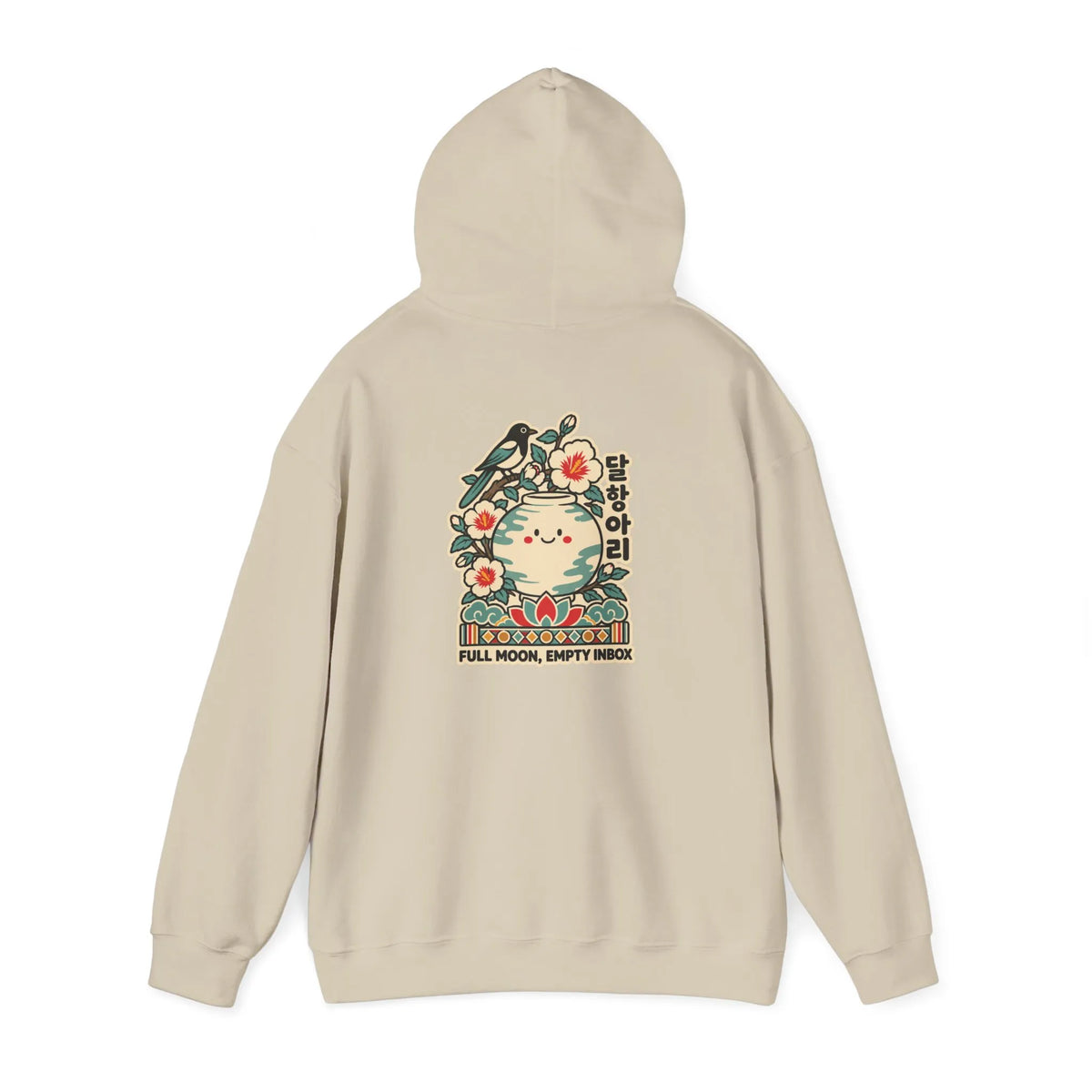 Beige hoodie showing the large graphic print on the back
