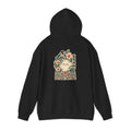Black hoodie showing the large graphic print on the back
