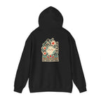 Black hoodie showing the large graphic print on the back