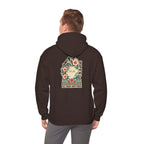Back view of a coffee brown hoodie with a large graphic print, worn by a man