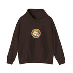 Front of a coffee brown hoodie with a round chest print