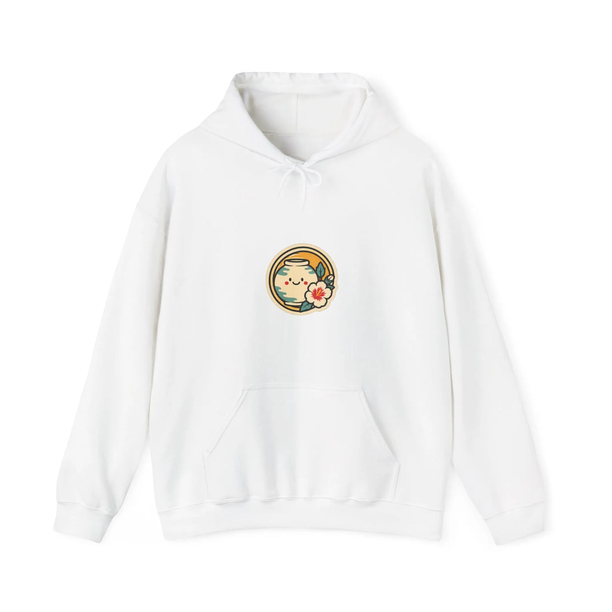 Front of an off-white hoodie with a round chest print
