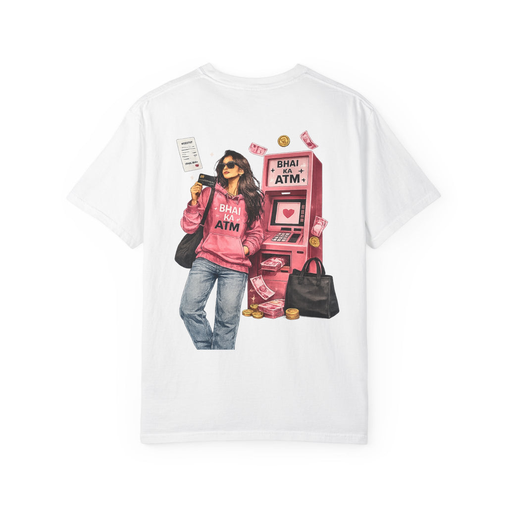 Bhai Ka ATM rakhi t-shirt design artwork, "Do Not Bust ATM" graphic, white