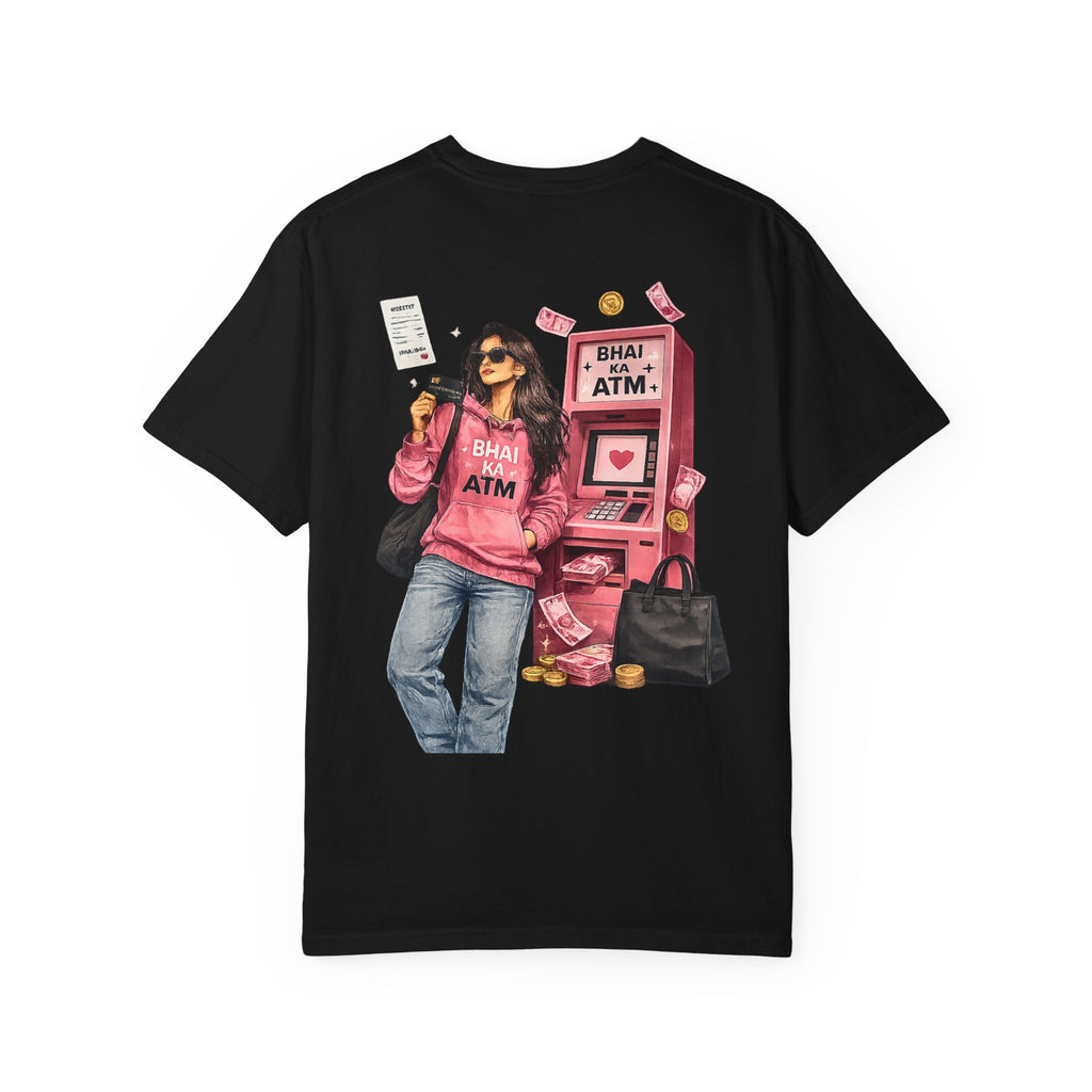 Bhai Ka ATM rakhi t-shirt flat lay, back print, black colorway