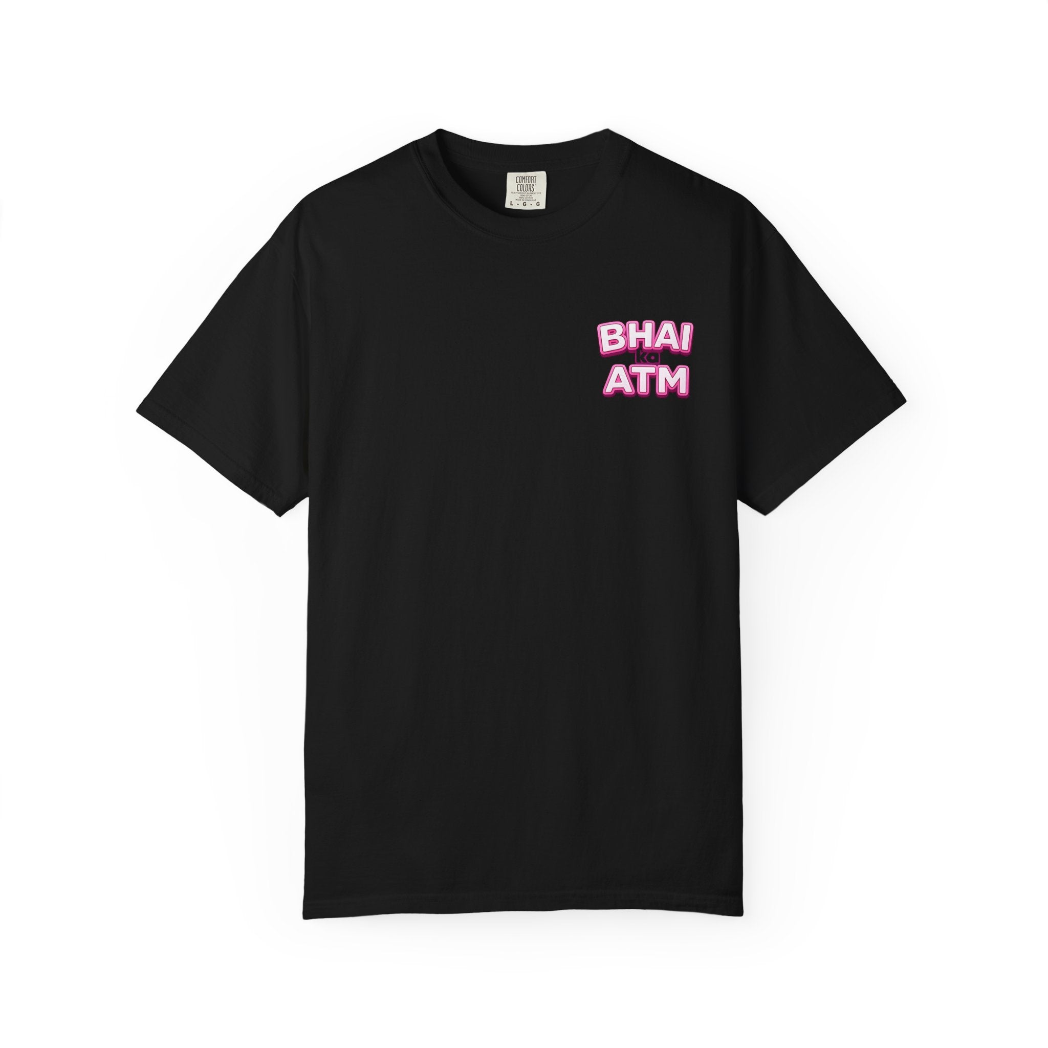 Bhai Ka ATM rakhi t-shirt flat lay, black colorway
