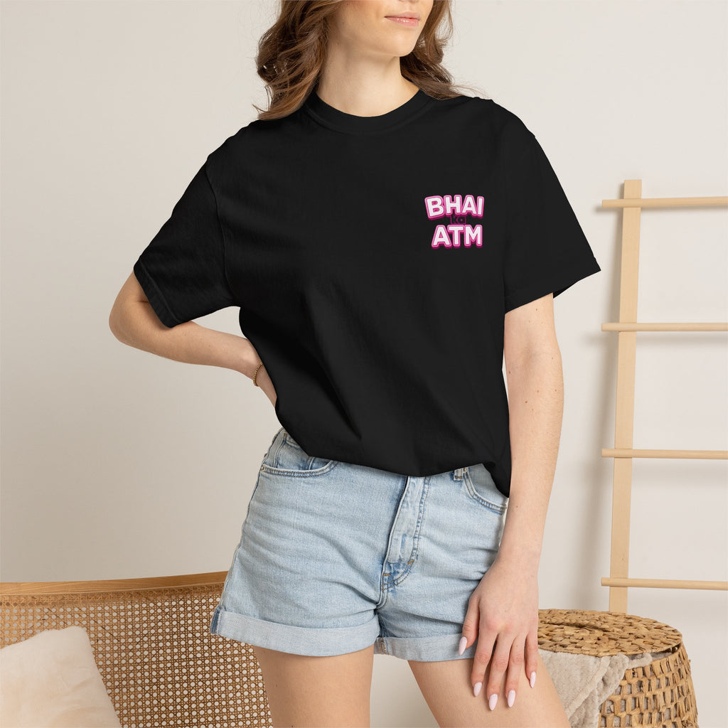 Model wearing Bhai Ka ATM rakhi t-shirt, standing, black colorway
