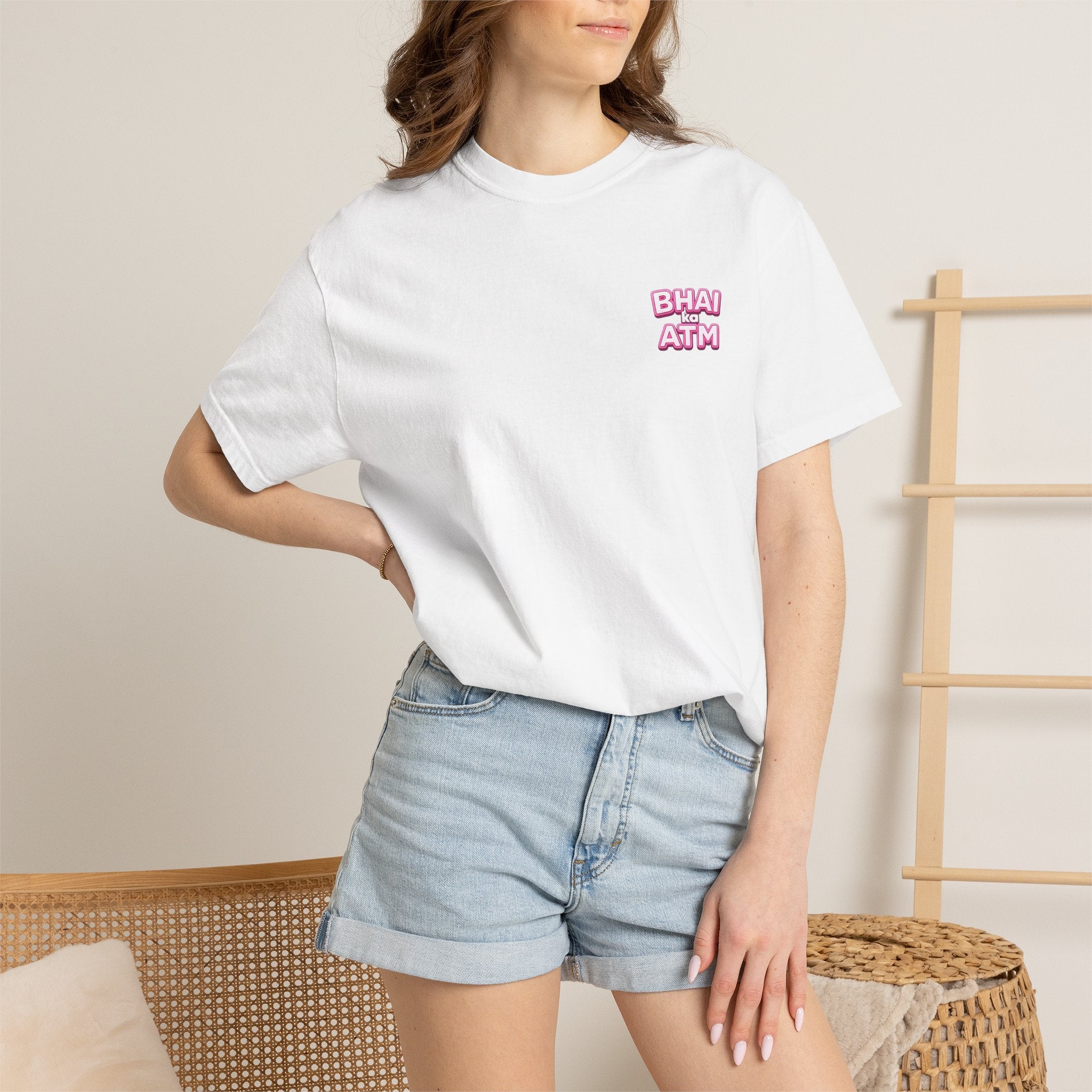 Model wearing Bhai Ka ATM raksha bandhan t-shirt, front view, white