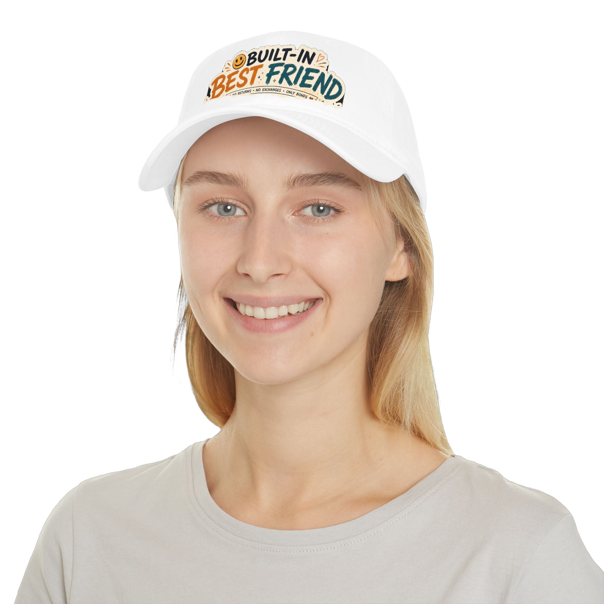Model wearing Built-In Best Friend rakhi cap, close-up, white