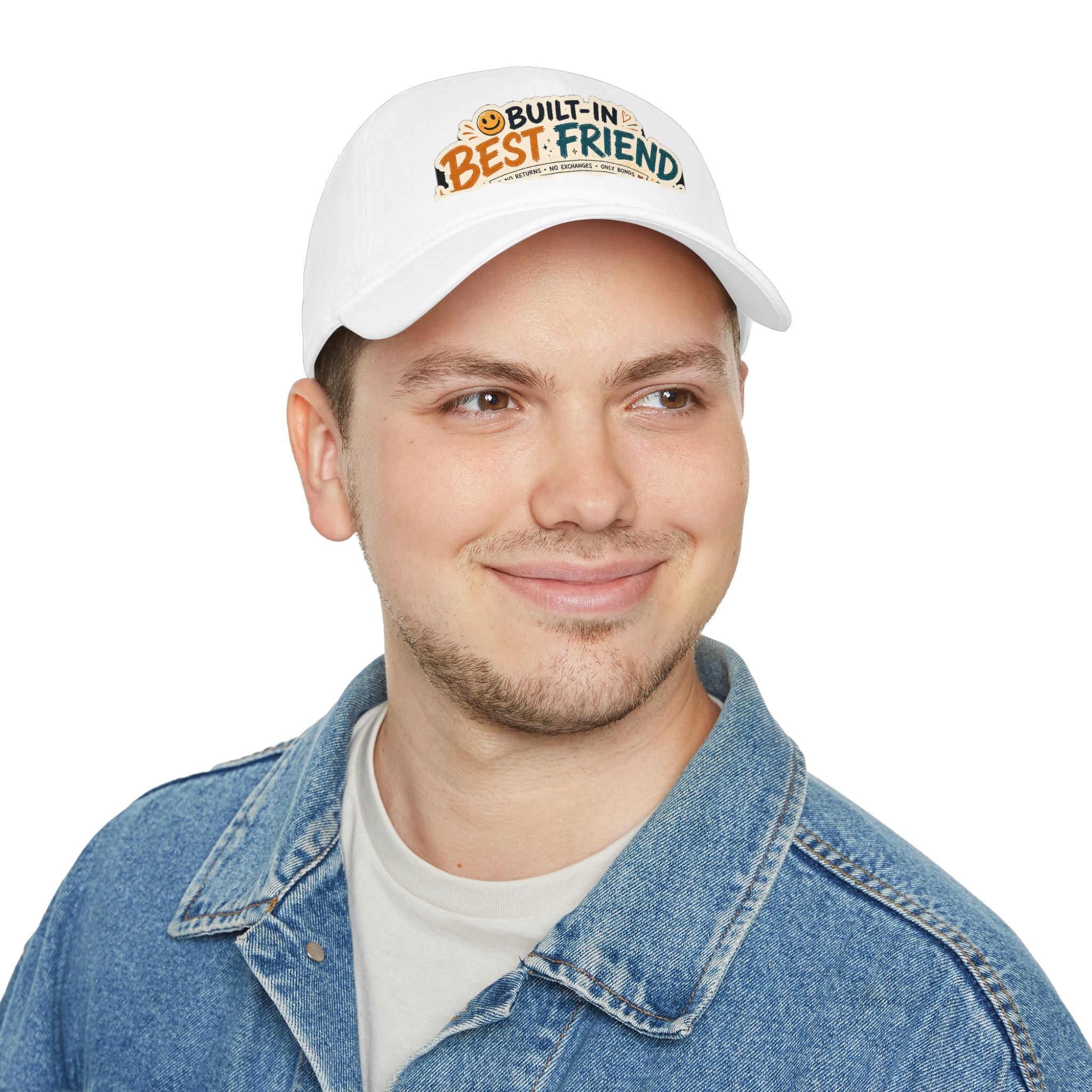 Model wearing Built-In Best Friend rakhi cap, close-up, white