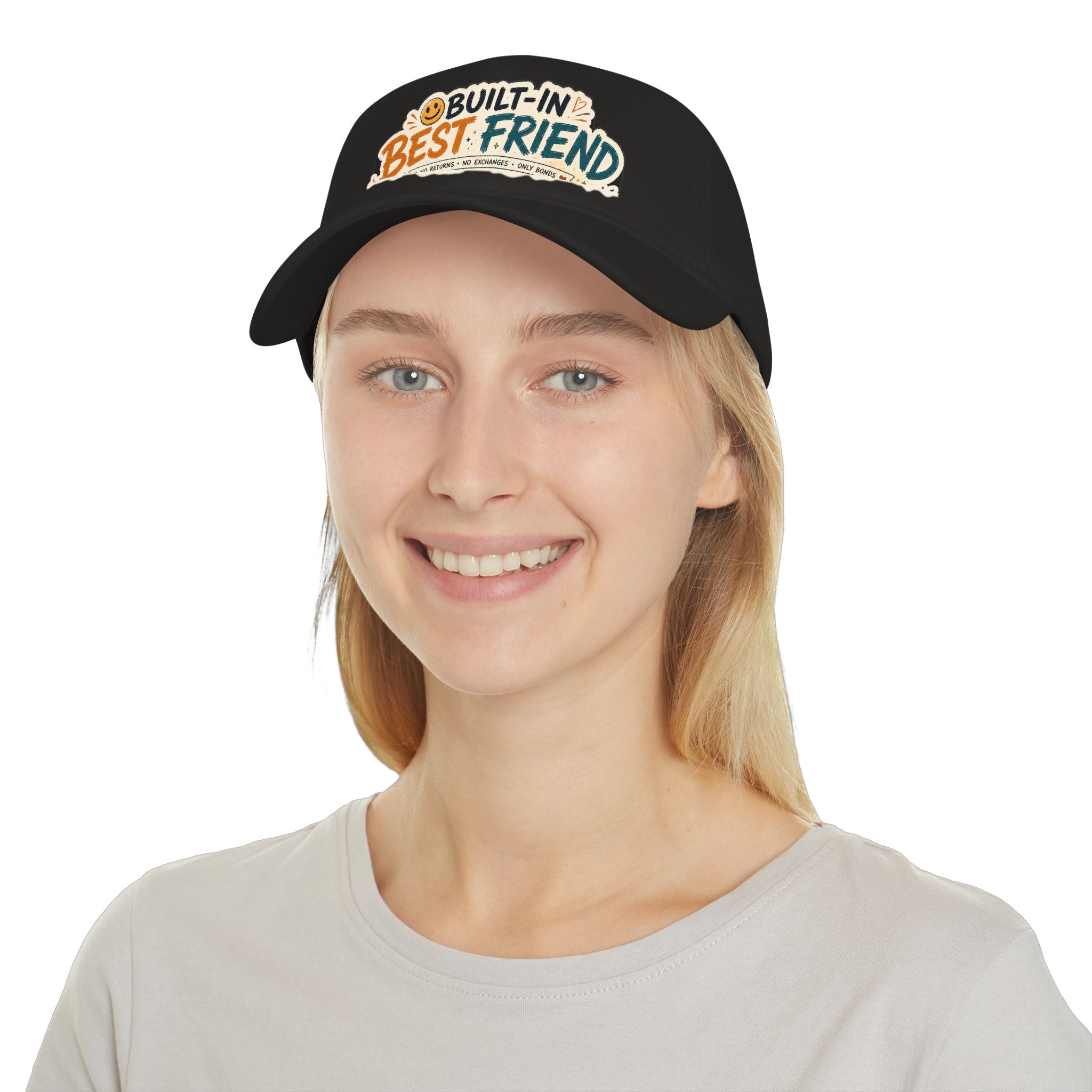 Model wearing Built-In Best Friend rakhi cap, front view, black