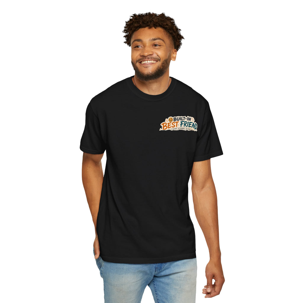 Built-In Best Friend Tee – Wear Pardesi Certified Chaos streetwear tee front chest print on model, black colorway