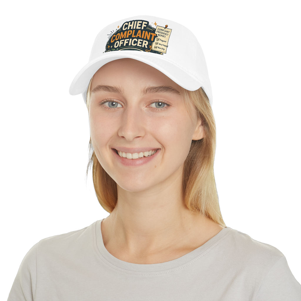 Model wearing Chief Complaint Officer rakhi cap, close-up, white