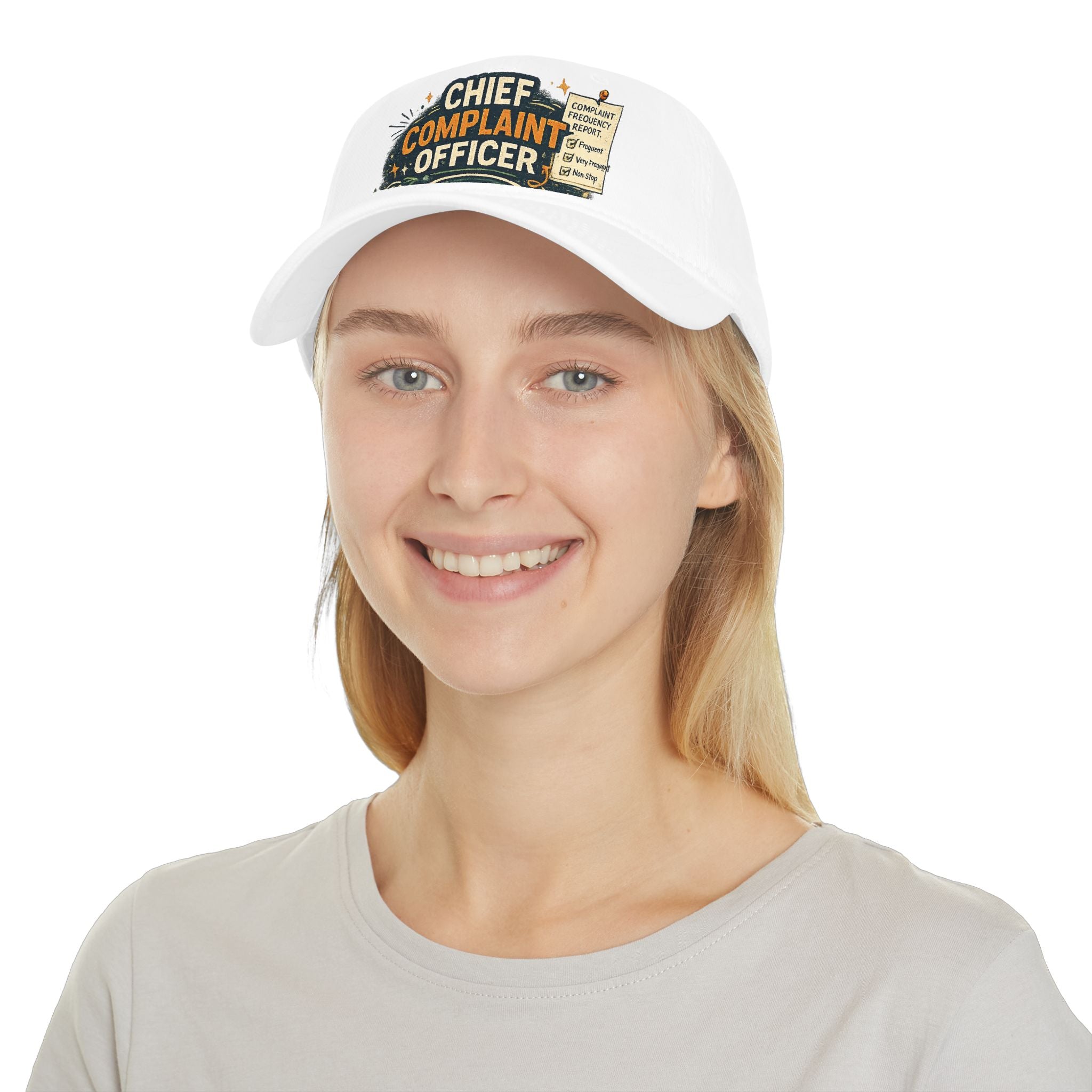 Model wearing Chief Complaint Officer rakhi cap, close-up, white