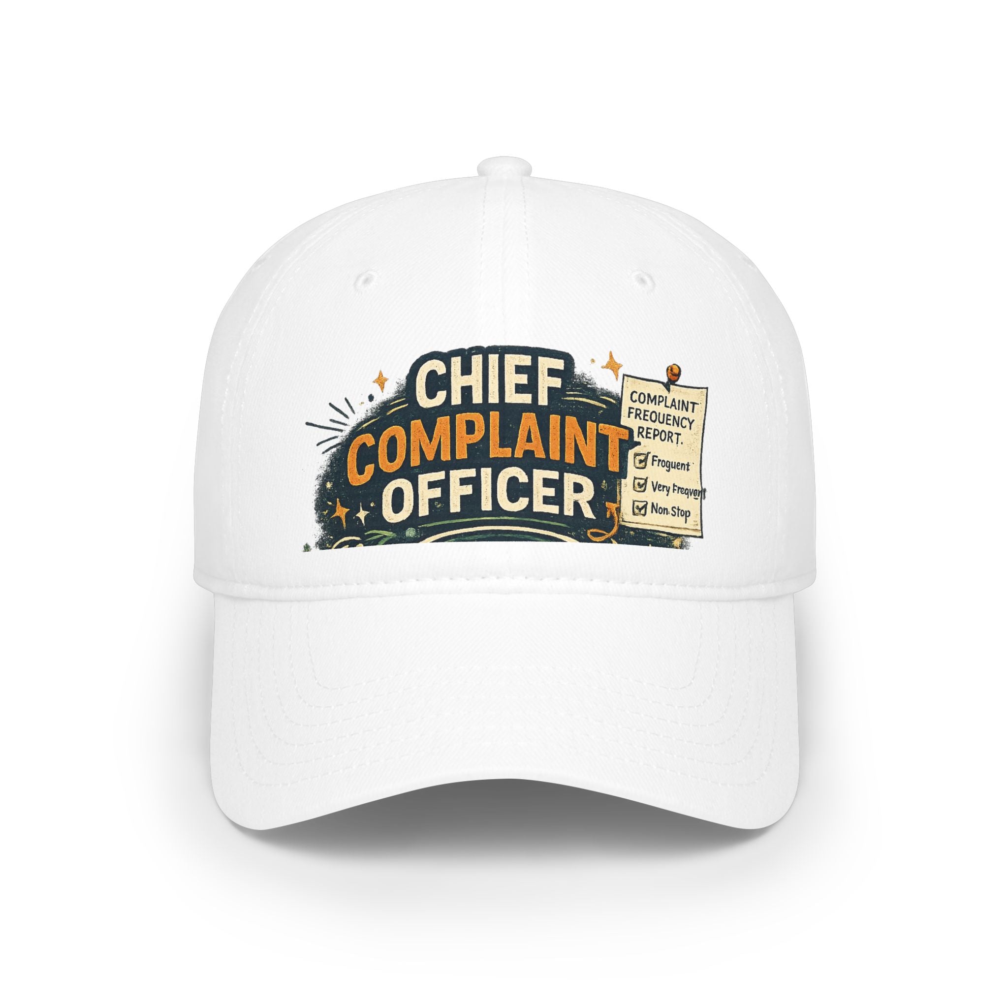 Model wearing Chief Complaint Officer rakhi cap, close-up, white