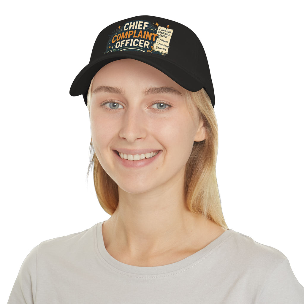 Model wearing Chief Complaint Officer rakhi cap, front view, black