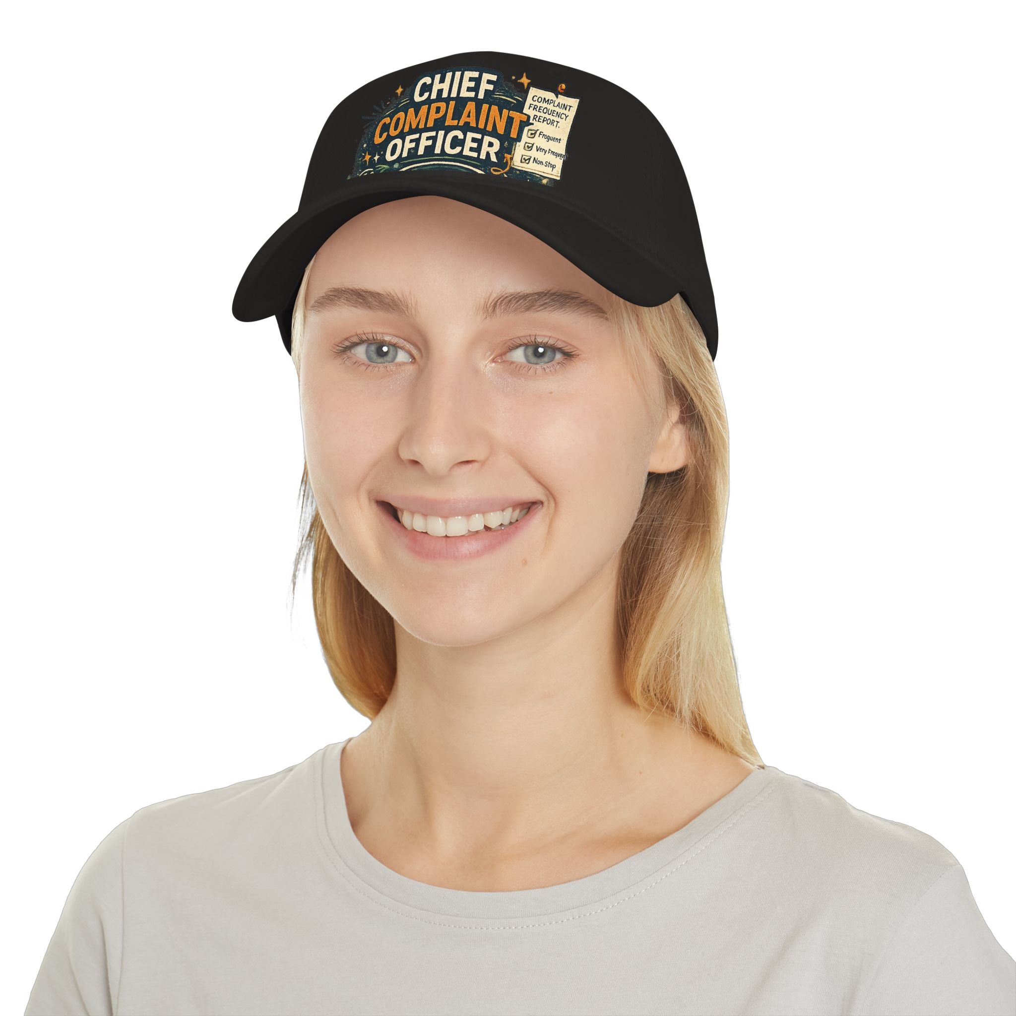 Model wearing Chief Complaint Officer rakhi cap, front view, black