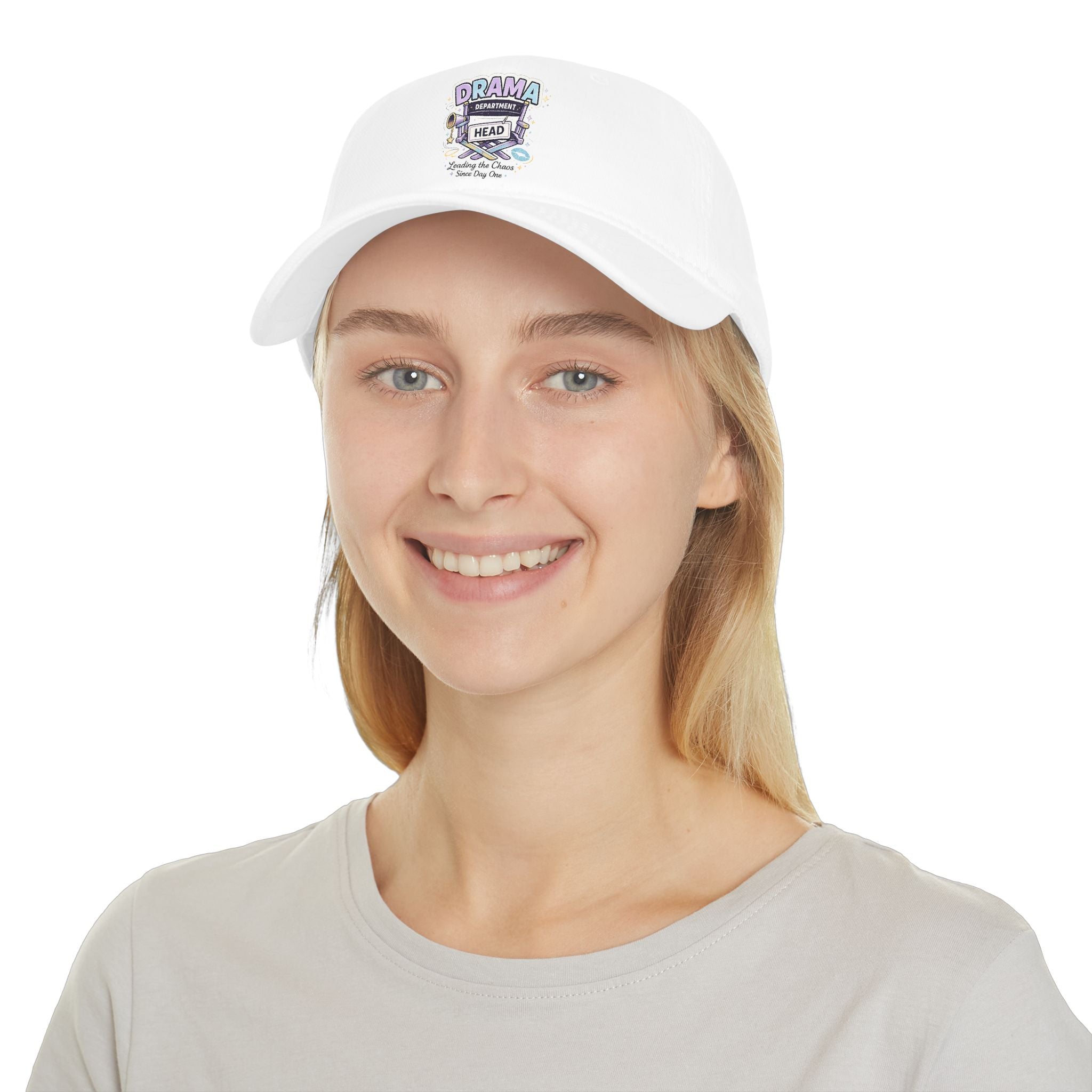 Model wearing Drama Department Head rakhi cap, front view, white