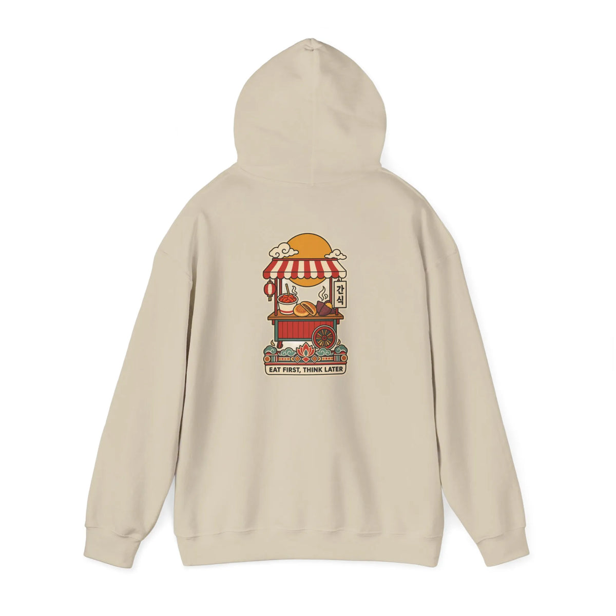 Beige hoodie with a Korean street food cart print on the back