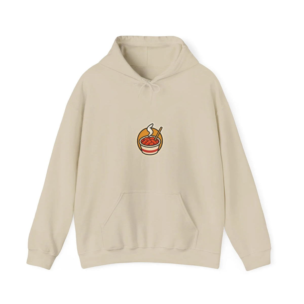 Front of a beige hoodie with a small tteokbokki cup print