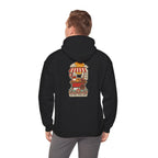 Back view of a black hoodie with a Korean street food cart print, worn by a man