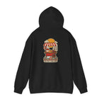 Black hoodie with a Korean street food cart print on the back