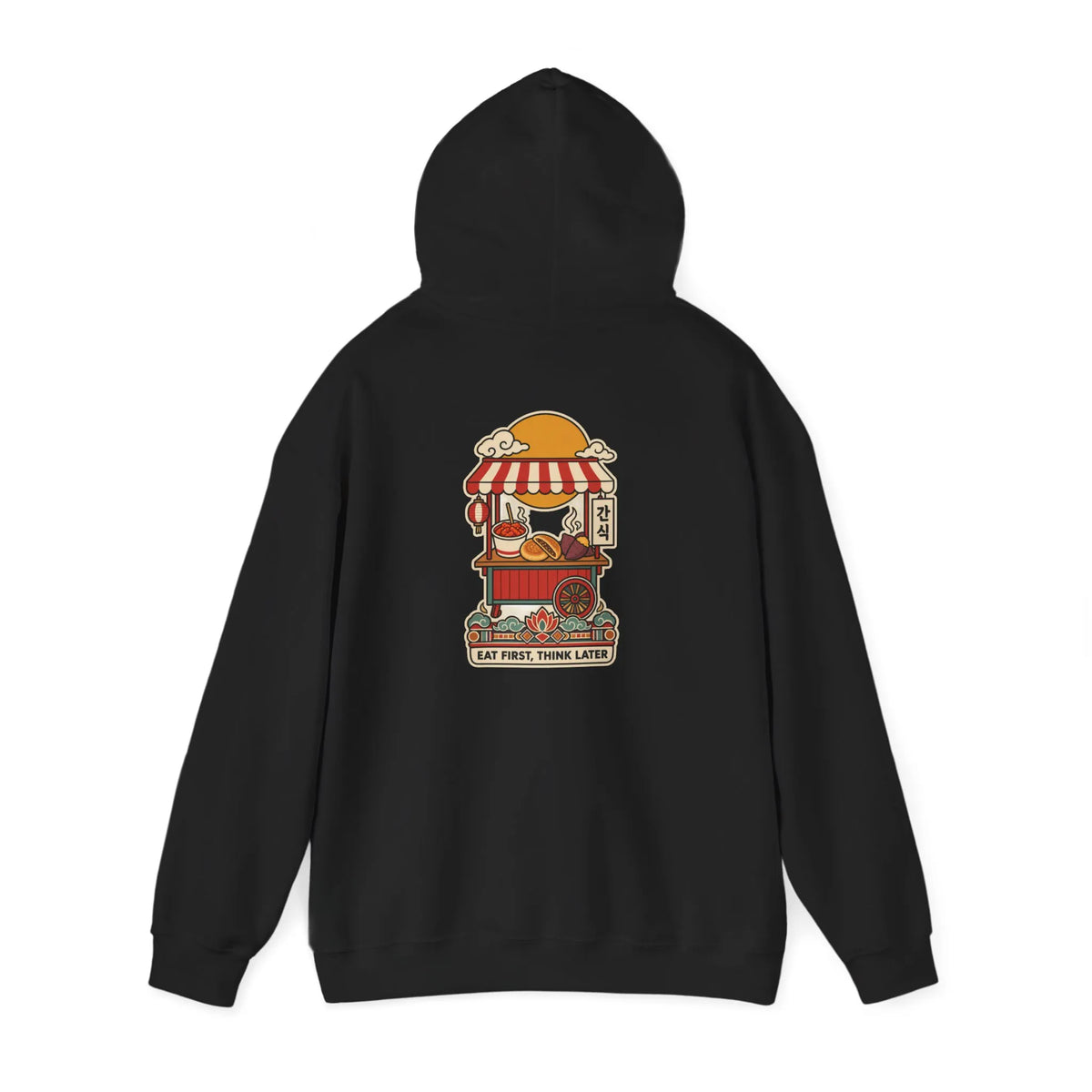 Black hoodie with a Korean street food cart print on the back