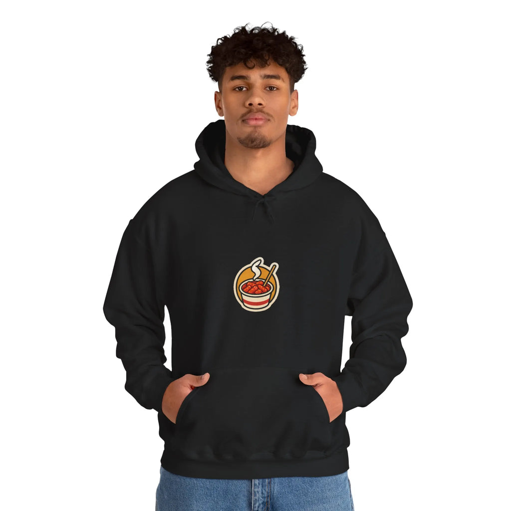 Man in a black hoodie with a small tteokbokki cup print on the chest