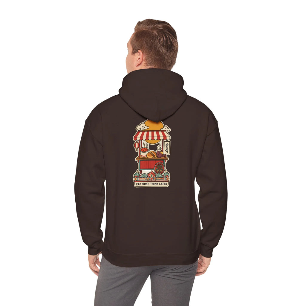 Back view of a coffee brown hoodie with a Korean street food cart print, worn by a man