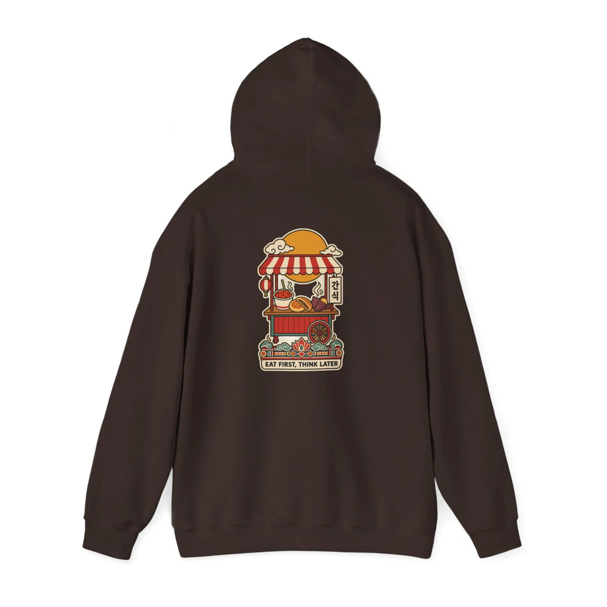 Coffee brown hoodie with a Korean street food cart print on the back