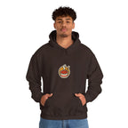 Man in a coffee brown hoodie with a small tteokbokki cup print on the chest