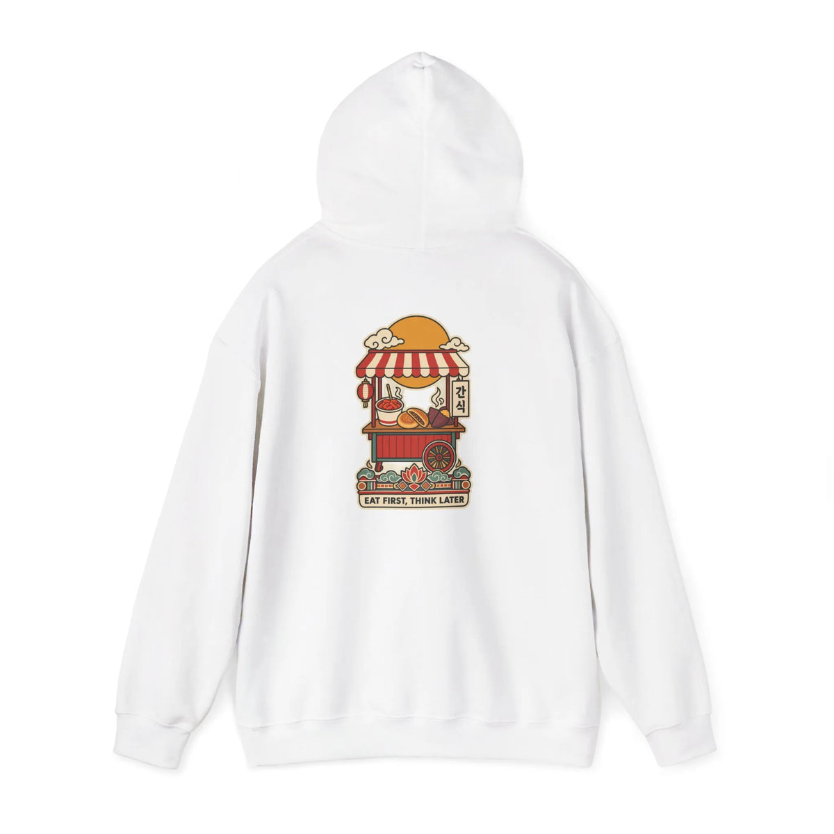 Off-white hoodie with a Korean street food cart print on the back