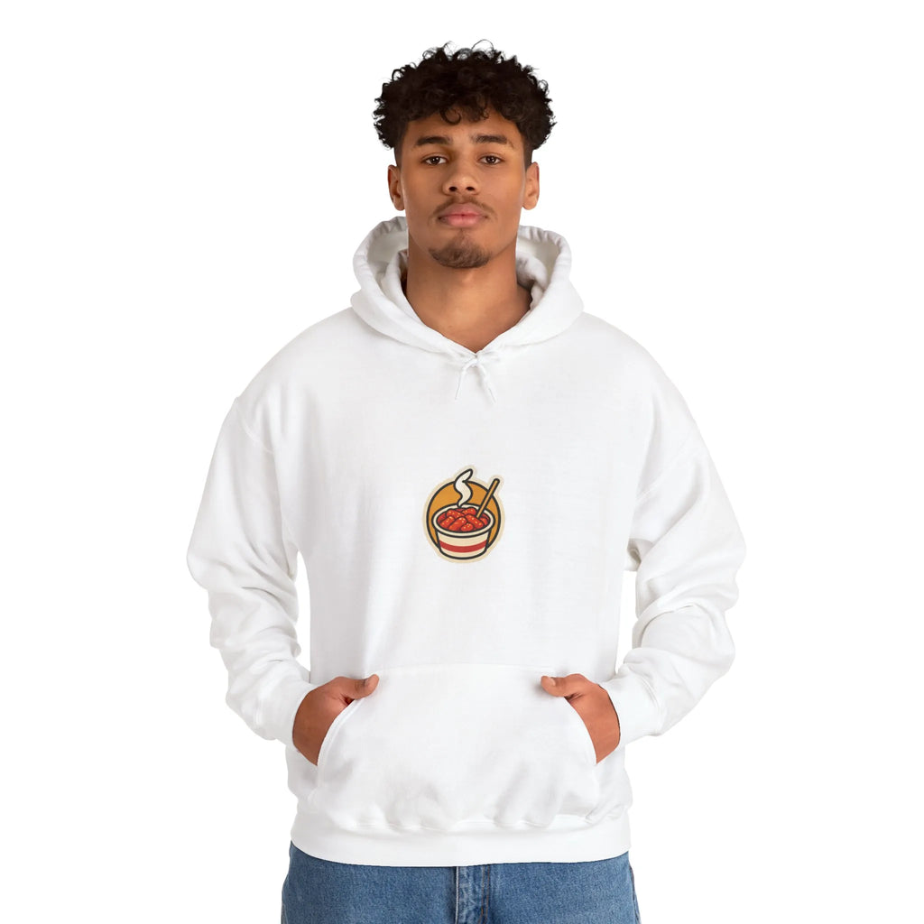 Man in an off-white hoodie with a small tteokbokki cup print on the chest