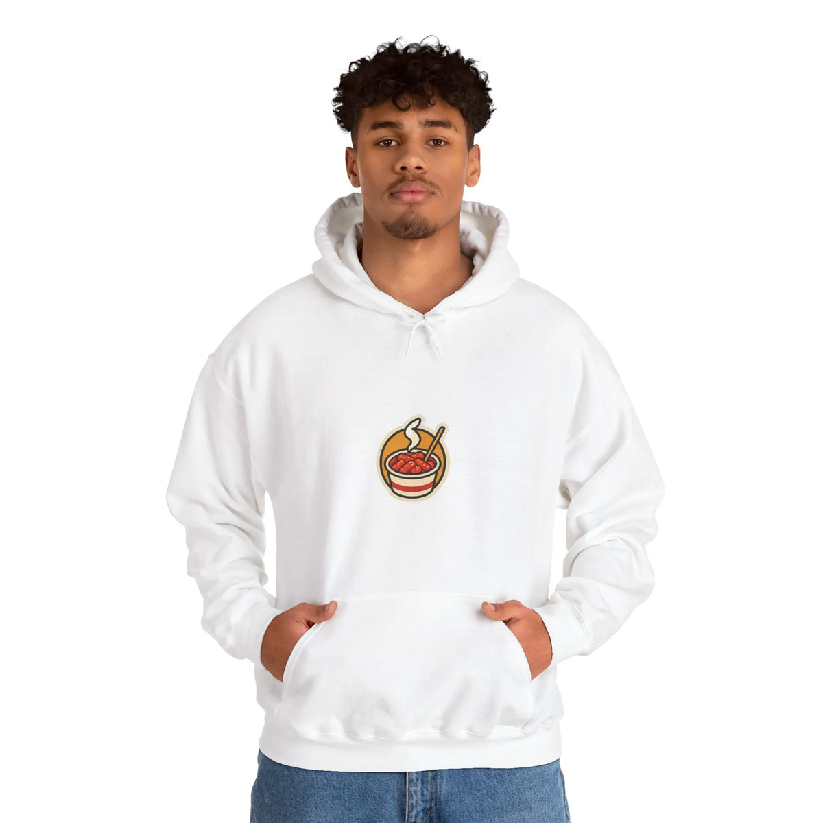Man in an off-white hoodie with a small tteokbokki cup print on the chest