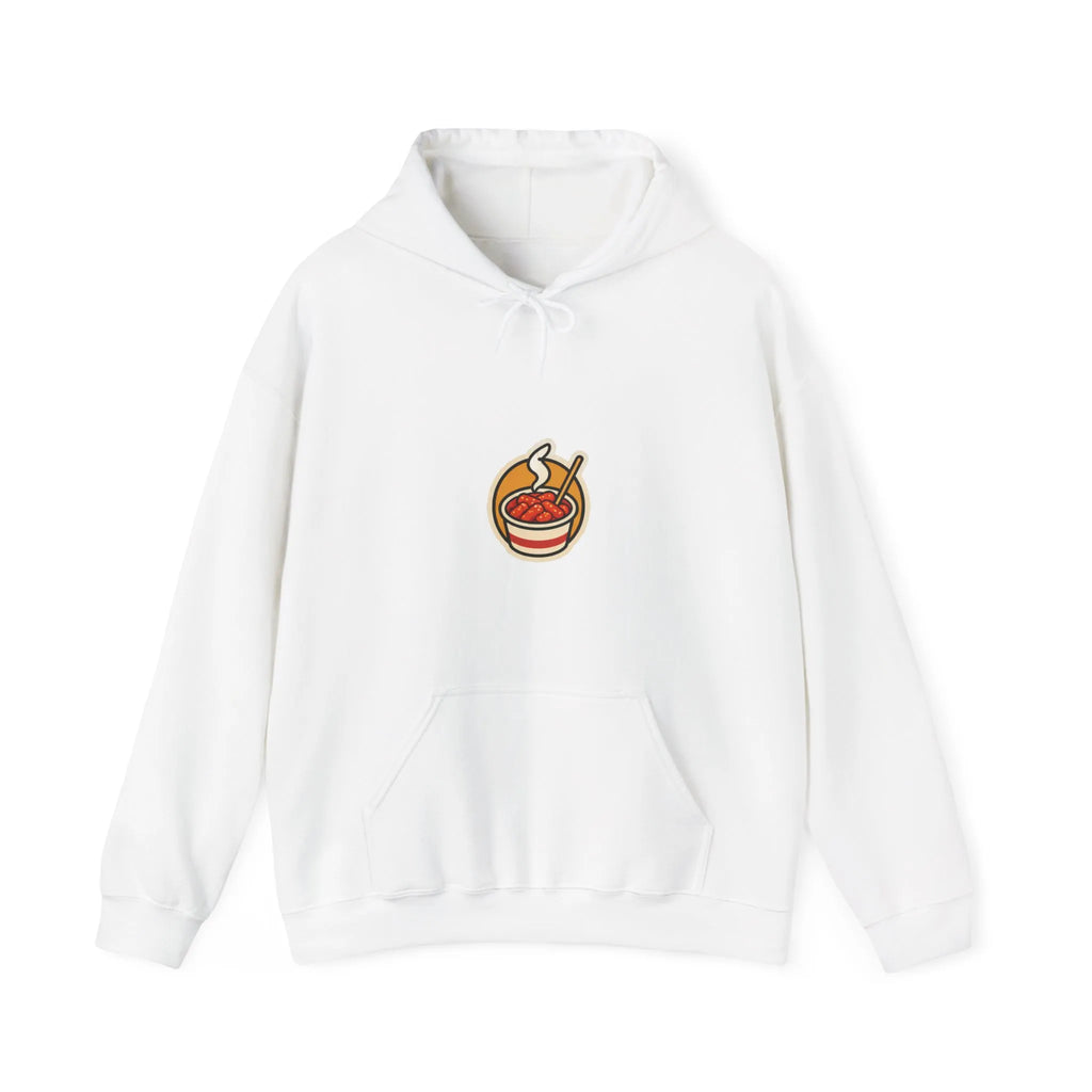 Front of an off-white hoodie with a small tteokbokki cup print