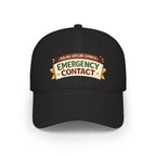 Emergency Contact Cap – Wear Pardesi Certified Chaos embroidered cap flat lay, black colorway