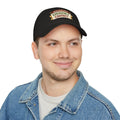 Emergency Contact Cap – Wear Pardesi Certified Chaos embroidered cap worn side view on model
