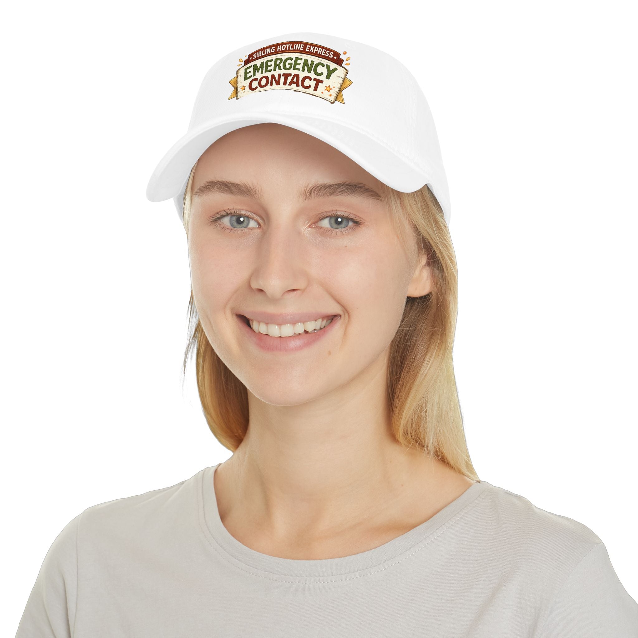 Model wearing Emergency Contact rakhi cap, front view, white